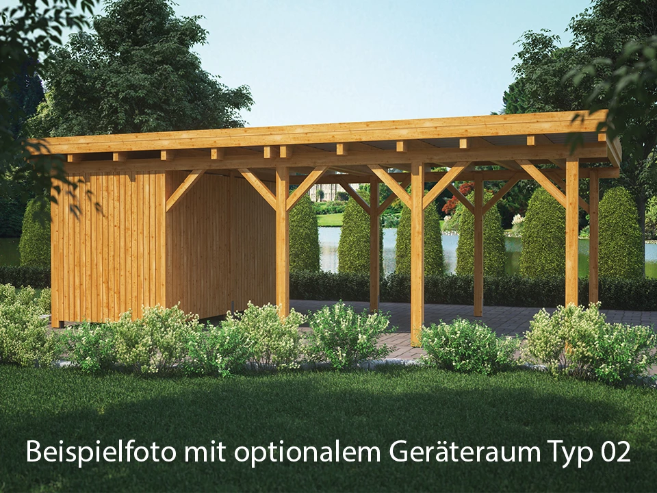 <p><strong>Carport Borkum Kurz</strong></p><p>Diverse Holzarten</p><p>556 x 405/395 x 234 cm</p>