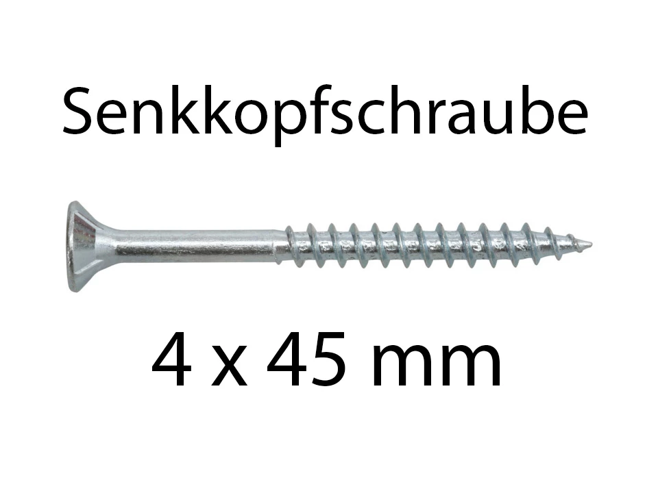 <p><strong>Senkkopfschraube 4 x 45 mm</strong></p><p>Stahl, verzinkt TX20, 50, 200 und 500 Stück</p>