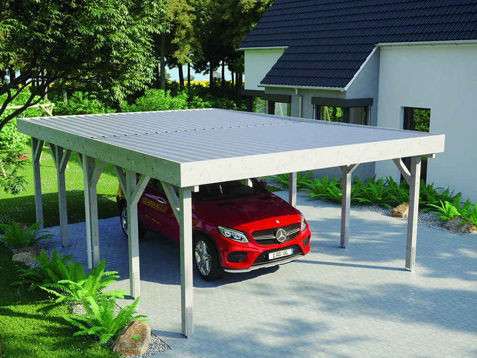 <p><strong>Carport Burg Mittel</strong></p><p>Diverse Holzarten</p><p>717 x 505/498 x 236 cm</p>